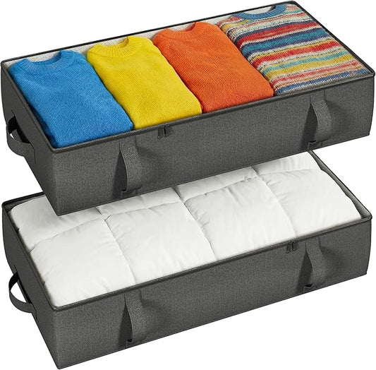 2-Pack Under Bed Storage Containers, 8 Inches Tall Underbed Clothes Storage Organizer Bin with Sturdy Sidewalls/Bottom, Under the Bed Storage Bags 2 Storage Bins, Black