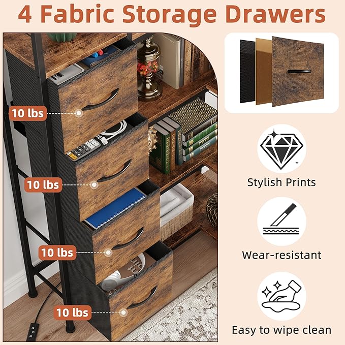Corner Bookshelf with LED Light Strips & 4 Fabric Drawers, 6-Tier Convertible Corner Shelf with Display Shelf, Large Wood Industrial Bookcase for Living Room, Bedroom, Home Office, Rustic Brown
