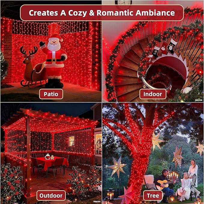 300 LED Outdoor Christmas Lights 75ft, 12 Lighting Modes Indoor String Lights Dimmable & Timer Memory, Outsite Waterproof Tree Lights for Xmas Room Garden Wedding Party Holiday Decorations Red