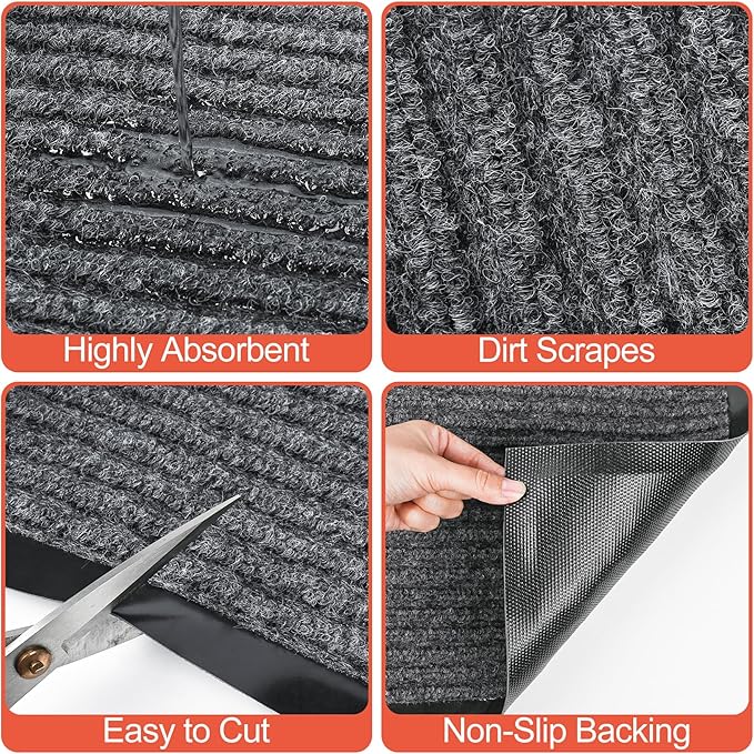 MYFAMIREA Commercial Floor Mat 3' x 10' Extra Large Front Door Industrial Rug Heavy Duty Brush Step Entrance Mat Weather Utility Rug with Non Slip Rubber Backing Low Profile for Entryway,Charcoal Grey
