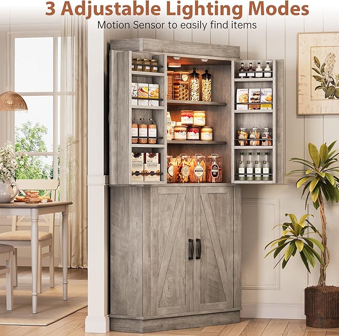 Corner Cabinet,71'' Kitchen Pantry Storage Cabinet with 4 Doors and Shelves, Tall Food Pantry Storage Cabinet Farmhouse Furniture for Kitchen Dining Room, Grey