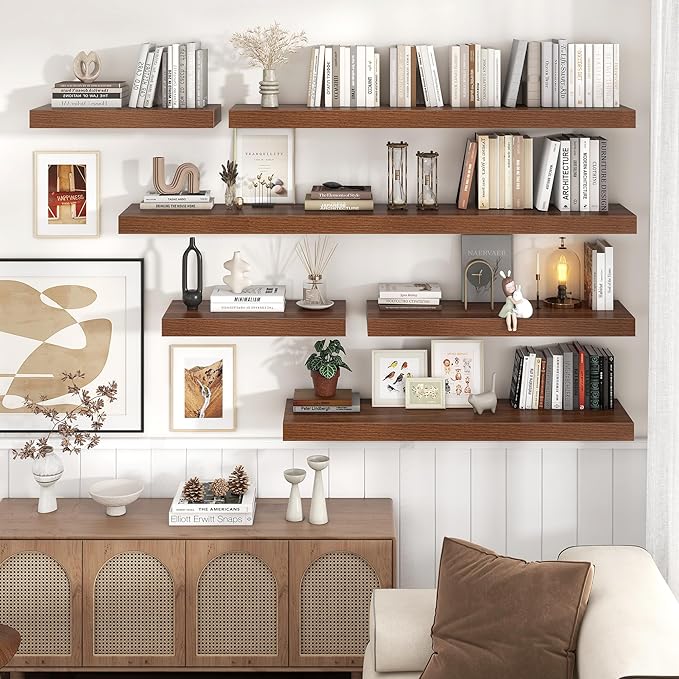 Floating Shelves for Wall, 72 Inch Wide x 12 Inch Deep Floating Shelves, Long Wood Floating Wall Shelf Shelves for Living Room Bathroom Bedroom Kitchen Home - (Walnut, 72" W x 12" D x 2" H)