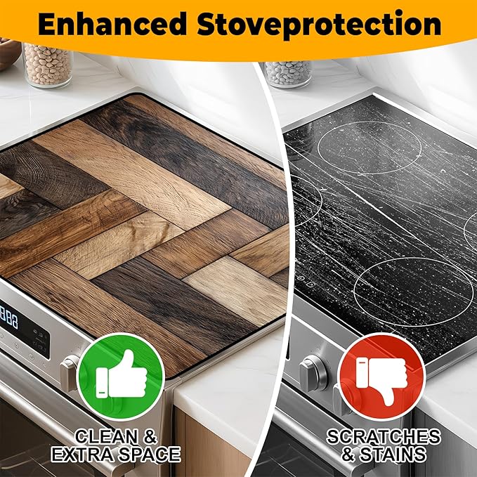 Stove Top Cover Flower Gas Stove Top Cover for Home Decoration Kitchen Pad Non-Stick Washable Cooktop Covers Countertop Protector Keep Stove Clean (Wood grain, 30L"x21W")