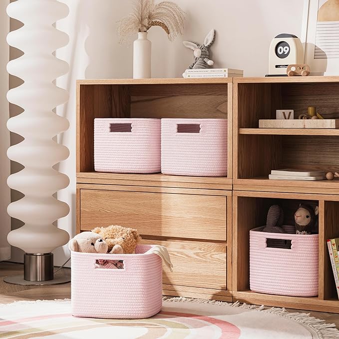 UBBCARE Storage Cubes 4 Pack, 11x 11x 7.8 Cube Storage Bin with Handles, Cotton Rope Baskets for Organizing, Woven Baskets for Shelf, Baby Nursery, Toy Storage, Closet, Classroom, Pink