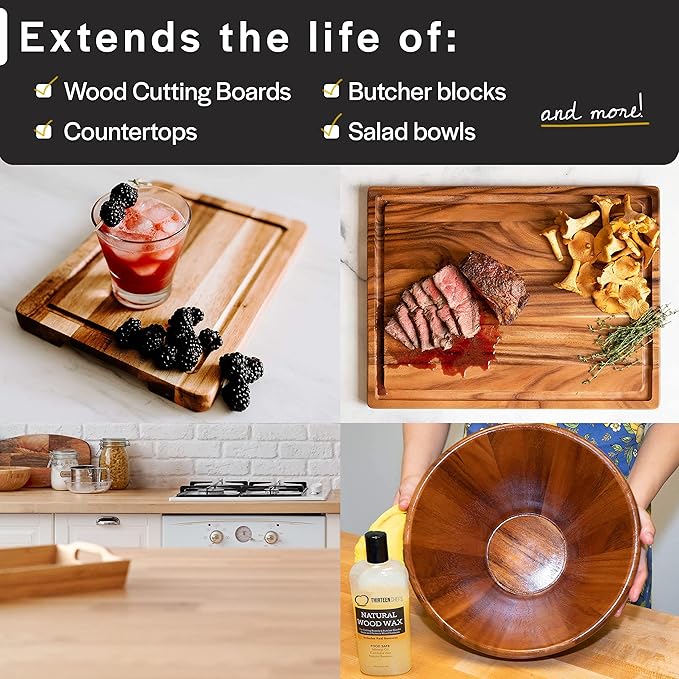 Cutting Board Wax and Conditioner with Food Grade Beeswax - Treat Wood Countertops, Butcher Blocks, Wooden Utensils and Bowls - Made in USA (12oz)