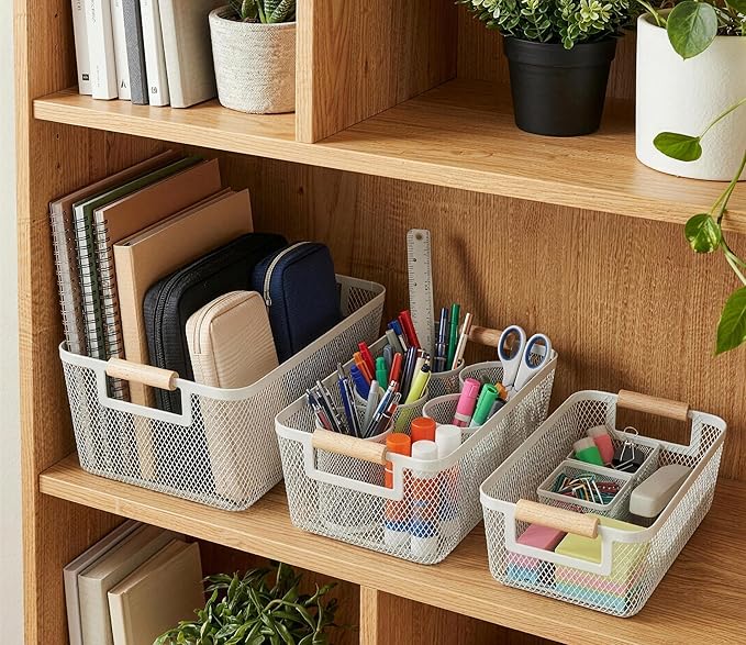 2-Pack Metal Mesh Basket, Large Wire Storage Organizer with Wood Handle for Kitchen Pantry, Bathroom, Cabinet, Closet, Picnic & Home Organization, Large, White