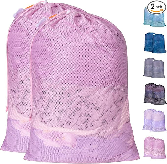 Polecasa Heavy Duty Large Mesh Laundry Bags with ID Tag and Locking Drawstring Closure - 2 Pack, 24 x 36 inches - Laundry Hamper Liner, Washable Laundry Bag for Travel, Sports, Dorms (Pink)