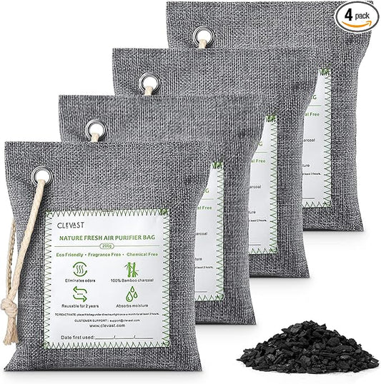 CLEVAST Bamboo Charcoal Air Purifying Bags - (Large, 4×200g), Removes Odors and Moisture, Nature Fresh Air Purifier Bags, Odor Eliminator for Home, Car, Pets, Bathroom, Basement