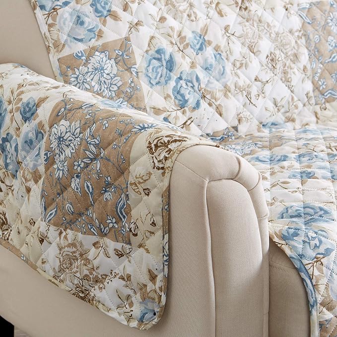 Great Bay Home Reversible Floral Patchwork Furniture Protector - Machine Washable, Scalloped Edge, Stain Resistant, Printed Furniture Cover for Dogs, Kids, and Pets (Sofa, Taupe/Blue)