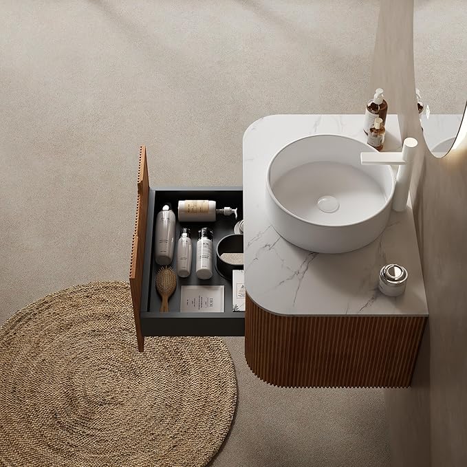KEIKI 30" Bathroom Vanity Cabinet with Sink Combo, Wall Mounted Curved Edges Striped Floating Bathroom Vanity with Soft-Close Drawer, White Round Ceramic Basin Without Faucet, Natural Wood