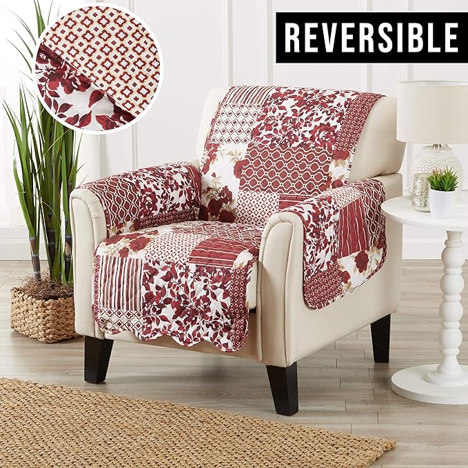 Great Bay Home Reversible Patchwork Chair Cover - Washable Slipcover Furniture Protector with Elastic Straps - Chair Cover for Dogs, Kids, and Pets - Box-Stitched Detail (Chair, Burgundy)
