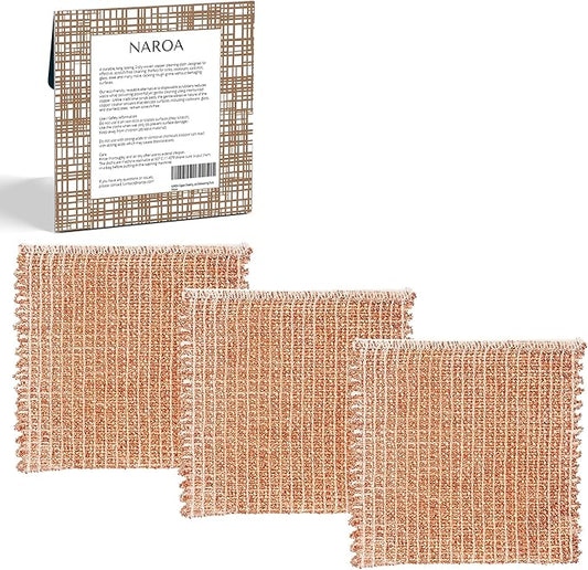 Naroa Copper Scrubbing Pads 3 Pack | 2-Ply Non-Abrasive Metal Mesh Scrubber | Reusable Copper Cleaning Cloth for Stainless Steel, Pots, Pans, Cast Iron | Kitchen Supplies Dishwashing Tools
