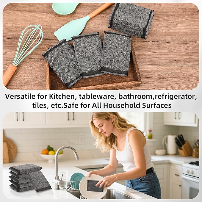 Steel-Wool Dish Sponges Kitchen Scrubbers - 6 Pack Non Scratch Heavy Duty Premium Scrub Sponges，Reusable Multipurpose Metal Cleans for Washing Dishes，Pots and Pans，Household Cleaning，Bathroom（Black）