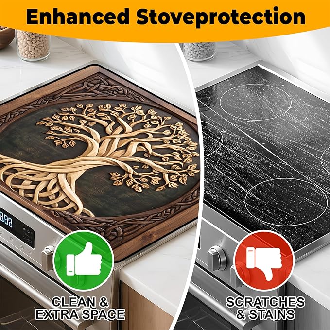 Tree of Life Stove Top Cover Retro Flower Gas Stove Top Cover for Home Decoration Kitchen Pad Non-Stick Washable Cooktop Covers Countertop Protector Keep Stove Clean 28"x20"