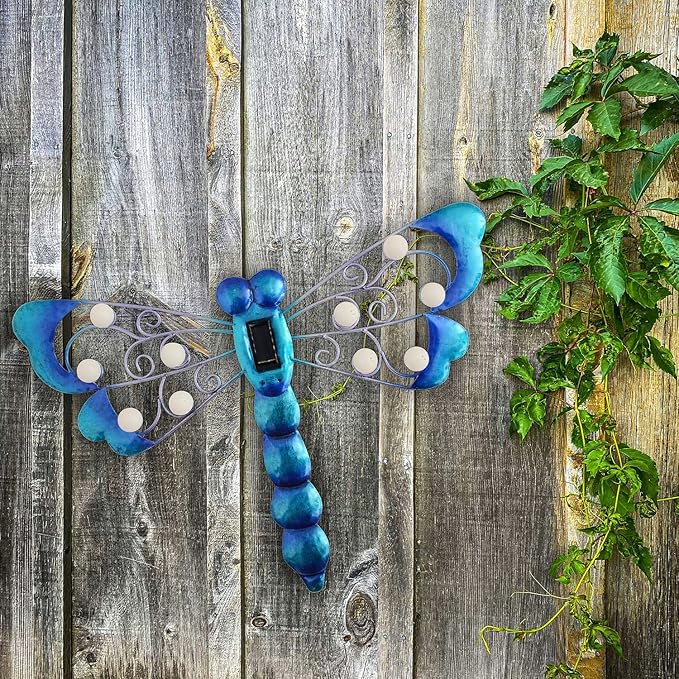 J-Fly Metal Dragonfly Outdoor Decor Solar Wall Decor Outdoor Metal Wall Art Garden Fence Decor Suitable for Garden Patio Fence Balcony Wall Decor 17 Inch