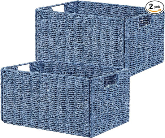 Vagusicc Wicker Storage Basket, Set of 2 Hand-Woven Paper Rope Wicker Basket, Small Storage Baskets for Organizing Toilet Paper, Foldable Large Cube Storage Organizer Bins for Shelves (Blue)