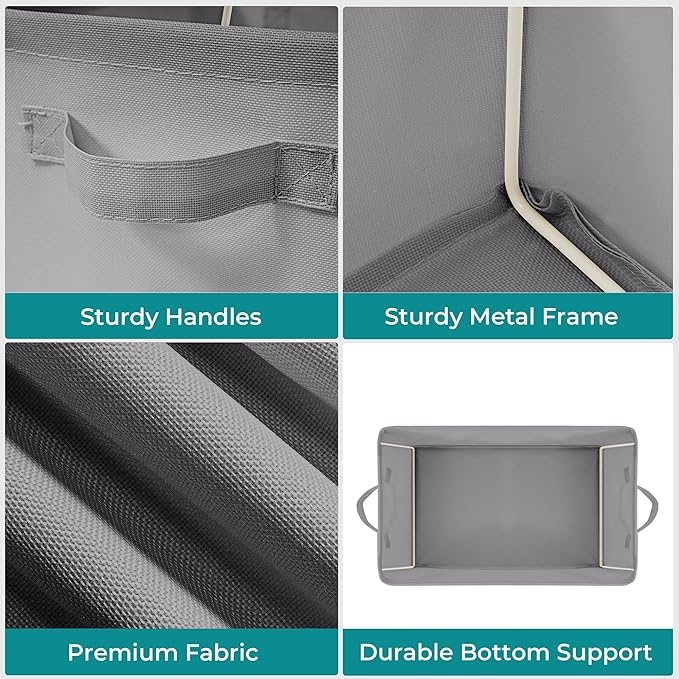 Storage Basket Bins with Metal Frame, Large Collapsible Fabric Storage Baskets for Organizing Shelf, Basket Organizer W/Handles for Blankets, Towels, Laundry, Shelves, 12-Pack, Grey