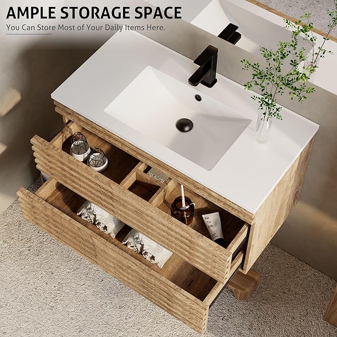 eclife 36" Floating Bathroom Vanity with Sink Combo Mid-Century Wall Mounted Cabinet with Wood Stripes Decor, Drawers, Undermount Sink, Faucet, Drain, Light Walnut