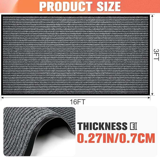 MYFAMIREA Commercial Floor Mat 3' x 16' Extra Large Front Door Industrial Rug Heavy Duty Brush Step Entrance Mat Weather Utility Rug with Non Slip Rubber Backing Low Profile for Entryway,Charcoal Grey