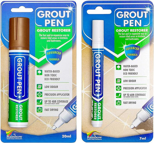 Grout Pen Tile Paint Marker: Waterproof Grout Colorant and Sealer Pen to Renew, Repair, and Refresh Tile Grout - Cleaner Coating Stain Pens - 2 Pack, 15mm Wide Brown and 5mm Narrow White Tip