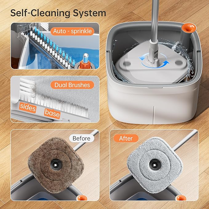KZKR Spin Mop and Bucket Set with Self Separation Dirty and Clean Water System, Self Wringing 360° Rotating Square Mop Head for Home Floors Cleaning (1.0 Mop and Bucket Set (4 Pads))
