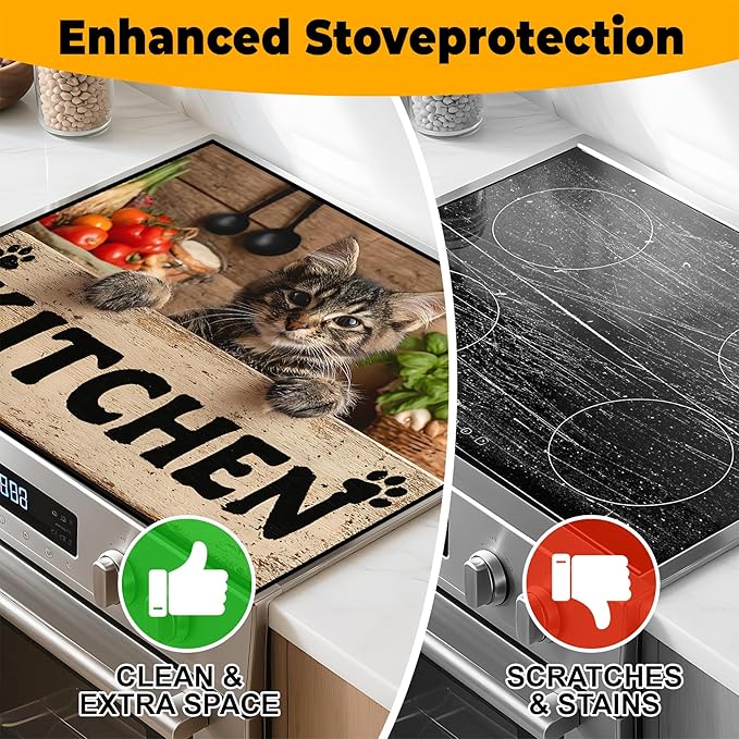 Stove Top Cover Retro Flower Gas Stove Top Cover for Home Decoration Kitchen Pad Non-Stick Washable Cooktop Covers Countertop Protector Keep Stove Clean 28"x20" (Kitchen cat)