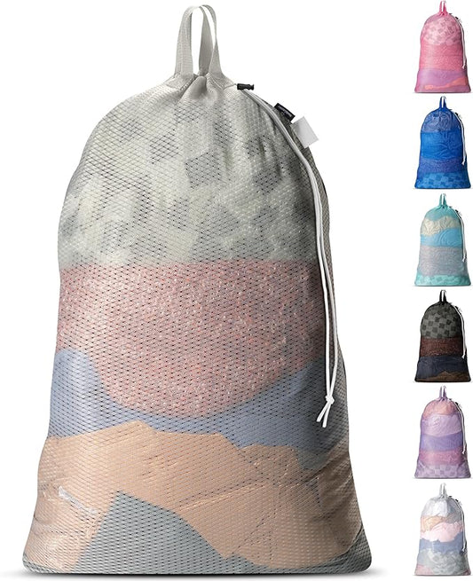 Large Mesh Laundry Bags - Heavy Duty with Handles & Drawstring - Machine Washable Net Laundry Sacks for College Dorm, Camp, Travel, Bedding & Clothes Storage (Grey)