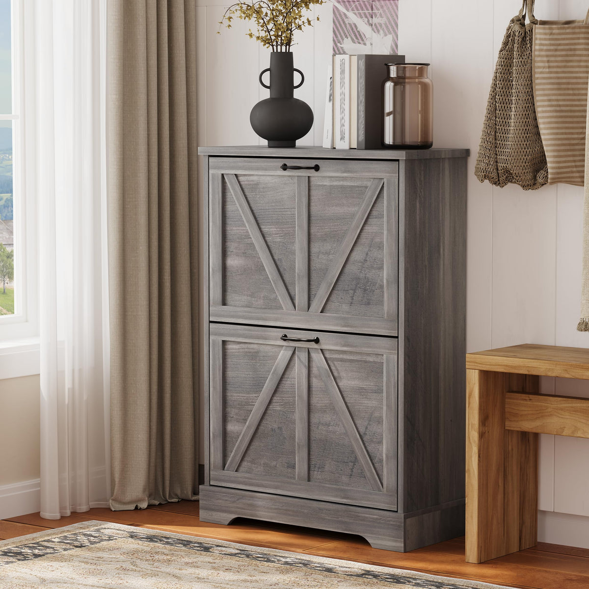 Farmhouse Shoe Storage Cabinet with 2 Flip Drawers | Home Organization - Image 1