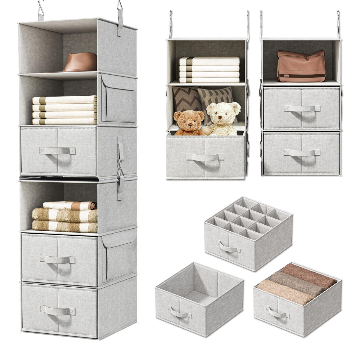 6-Shelf Hanging Closet Organizer with 3 Drawers, Separable - Image 1