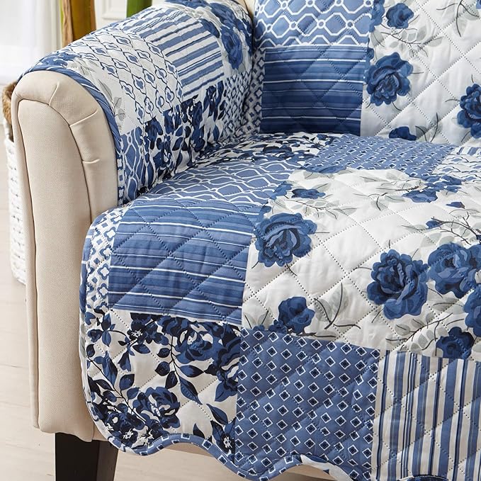 Great Bay Home Reversible Patchwork Recliner Chair Cover - Washable Slipcover Furniture Protector with Elastic Straps - Couch Cover for Dogs, Kids, and Pets - Box-Stitched Detail (Recliner, Navy)