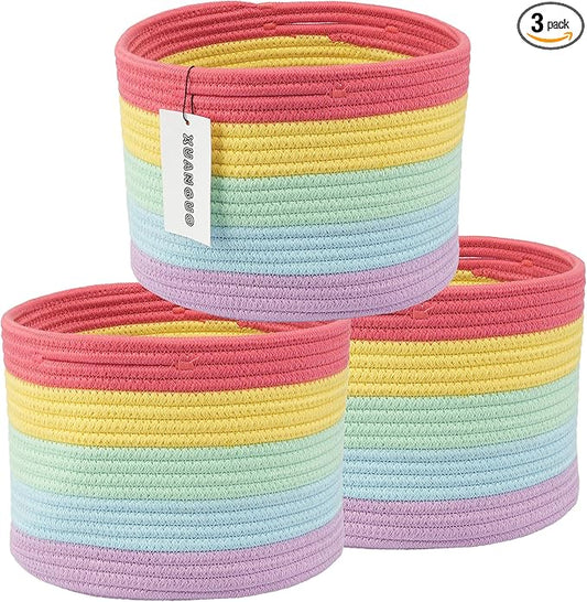 Woven Cotton Rope Storage Baskets - 3-Pack Round Bins for (10x10x7'') Shelves, Closets & Bookcases | Durable Rope Organizers for Nursery, Baby, Gifts, Easter & More (rainbow)