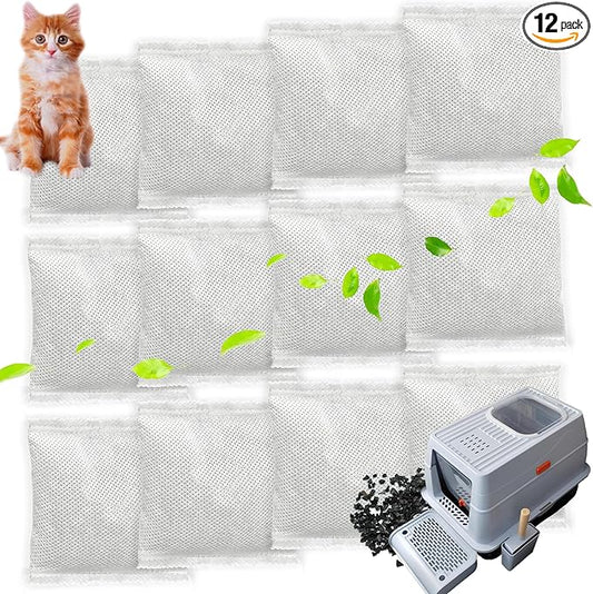 12 * 43g Larger Bag Activated Charcoal Odor Absorber Bags for Stainless Steel Litter Box with Lid, Natural Coconut shell Charcoal Bags, Absorb Odors/Control Damp from Pets/Keep Home Fresh