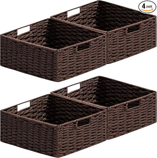 joybest Wicker Baskets, Woven Paper Rope Storage Baskets for Organizing, Foldable Rectangular Storage Organizer Bins for Shelves with Built-in Handles 13L x 10W x 5H inch, 4-pack Dark Brown
