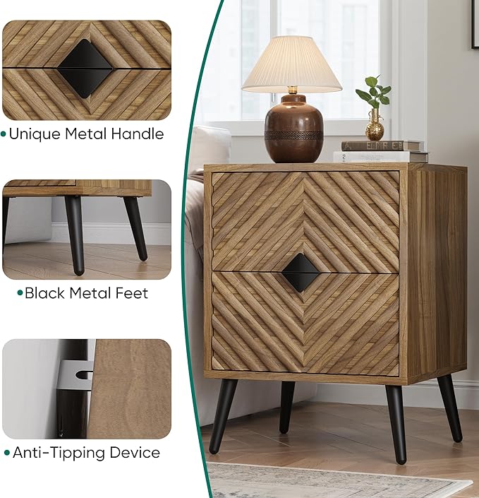 Smuxee Walnut Wooden Nightstand with 2 Drawers, Mid Century Night Stand with Fluted Diamond Doors, Bedside Table with Metal Feet, Modern End Side Table for Bedroom