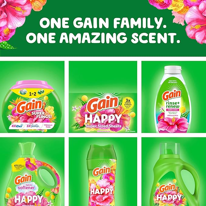 Gain Super Flings Laundry Detergent Pacs, 45 Count, Hibiscus Hula scent, irresistibly clean and fresh washing detergent laundry soap pacs