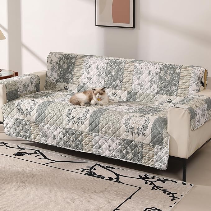 Skidproof Sofa Cover-Grey Bird Sofa Slipcover with Elastic Straps-Easy Fit Slip Cover-Washable Furniture Protector for Pets and Kids(Loveseat,Grey)