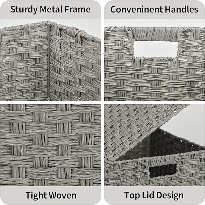 GRANNY SAYS Wicker Storage Baskets, Decorative Boxes with Lids, Set of 3 Nesting Wicker Baskets for Organizing, Gray, 3-Pack