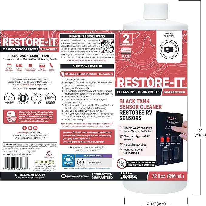Unique Restore-It RV Sensor Cleaner Liquid - Cleans and Restores Misreading Sensor Probes by Removing Stuck-On Waste in Black Tanks - 2 Treatments Per Bottle (32 oz) Packaging May Vary