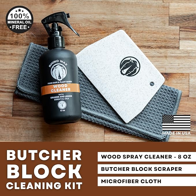 Butcher Block Cleaning Kit - Includes Cutting Board Wood Spray Cleaner, Bench Scraper, Microfiber Cloth - for Butcher Block Countertops, Islands, Large Cutting-Boards - Natural - Food Safe