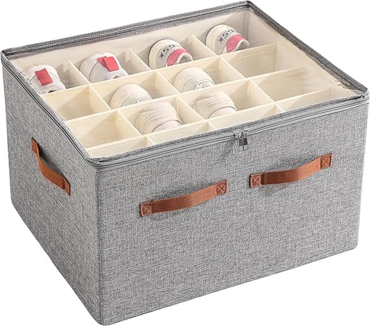 Shoe Organizer for Closet, Foldable Large Shoe Storage Bins with Clear Cover, Removable Partitions and Bottom are Supported by Plastic Boards (Grey, 20.5“Lx16.9 Wx13'H)