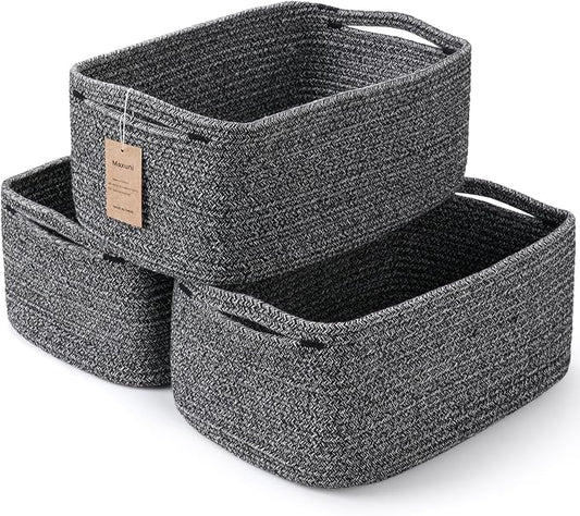 3-Pack Shelf Baskets for Organizing, Closet Organizer Bins, Small Woven Baskets, Rope Toy Basket, Storage Basket for Shelves, Cube Decorative Box, 11.8×7.8×5.1”, Mixed Black