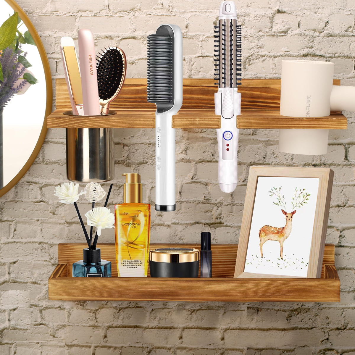 MRPAPA Hair Tool Organizer Wall Mount 2 Layer Wooden Blow - Image 1