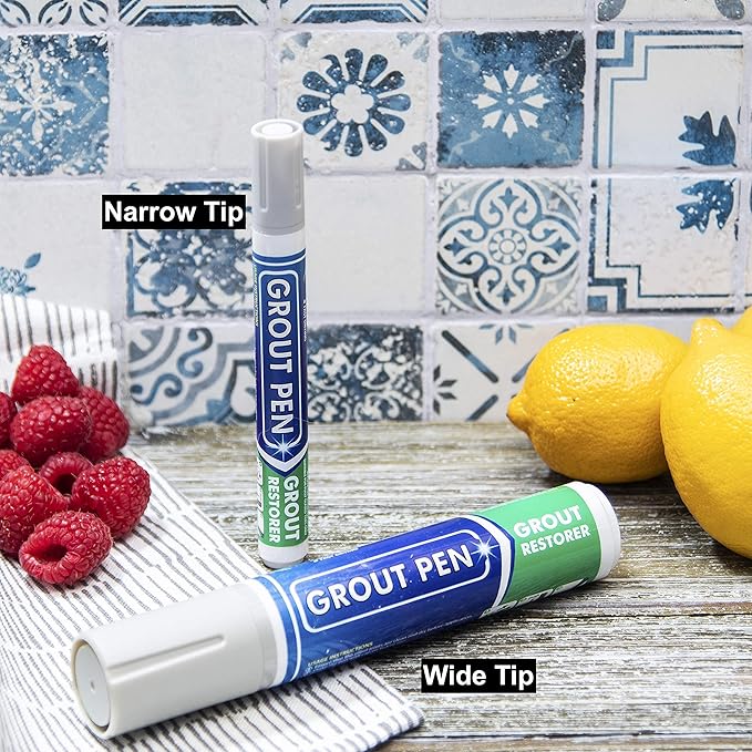 Grout Pen Tile Paint Marker: Light Grey Wide 15mm with 5 Pack Replacement Tips - Waterproof Grout Colorant and Sealer Pen to Renew, Repair, and Refresh Tile Grout - Cleaner Coating Stain Pens