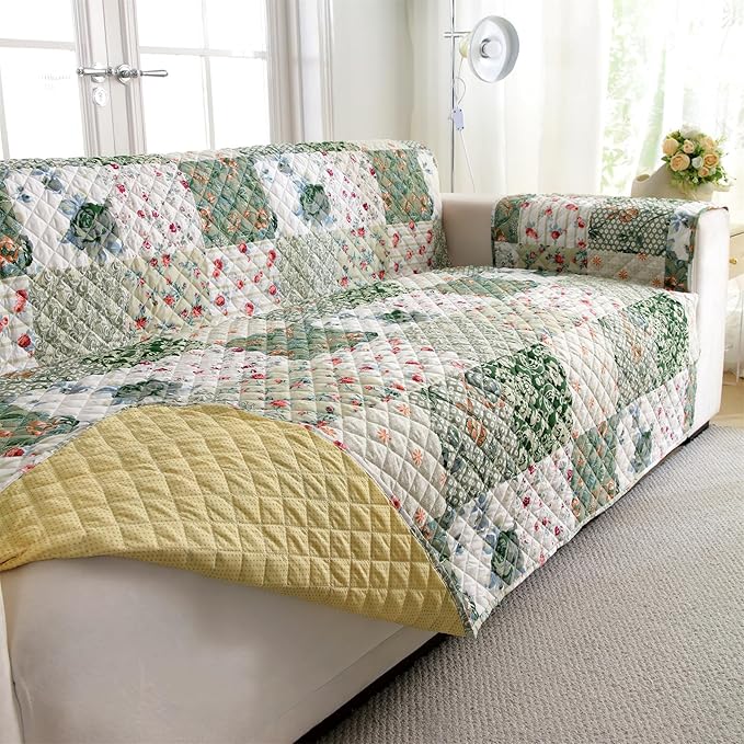 Cmfshape Skidproof Sofa Cover-Green Sofa Slipcover with Elastic Straps-Easy Fit Slip Cover-Patchwork Washable Furniture Protector for Pets and Kids(Loveseat,Green)