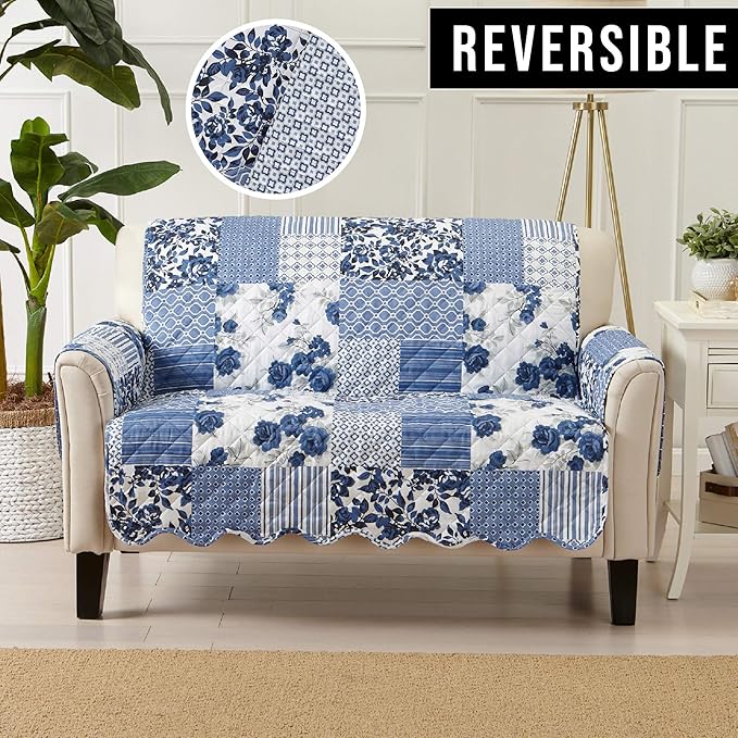 Great Bay Home Reversible Patchwork Loveseat Cover - Washable Slipcover Furniture Protector with Elastic Straps - Couch Cover for Dogs, Kids, and Pets - Box-Stitched Detail (Loveseat, Navy)