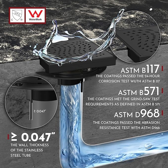 WEBANG 6 Inch Square Shower Drain Black Floor Drain with Flange Wave-Hole Pattern Cover Grate Removable SUS304 Stainless Steel Watermark&CUPC Certified Matte Black