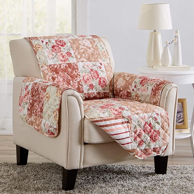 Great Bay Home Reversible Floral Patchwork Furniture Protector - Machine Washable, Scalloped Edge, Stain Resistant, Printed Furniture Cover for Dogs, Kids, and Pets (Chair, Burgundy/Taupe)