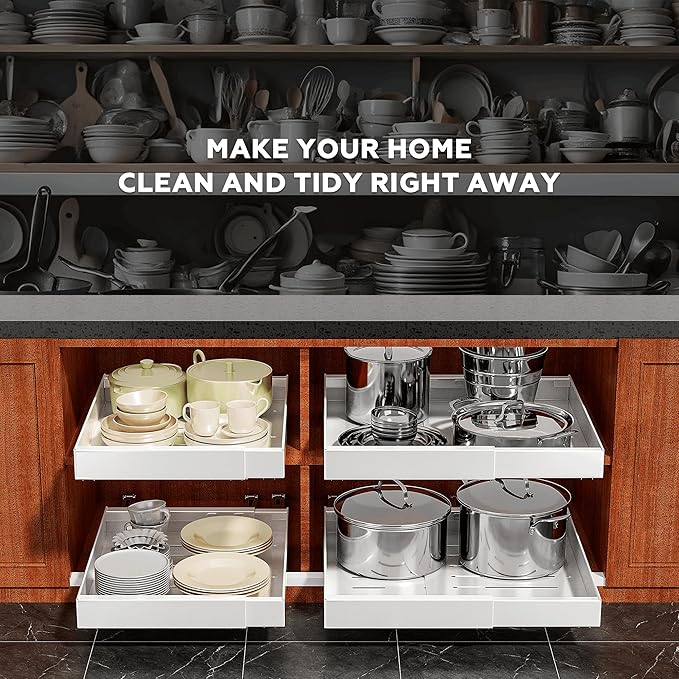 2Pack Expandable Pull Out Cabinet Organizer 21" Deep with Raising Pad for Framed Cabinets, Roll Out Shelves Adhesive, Adjustable Width 12.24"-20.5" W