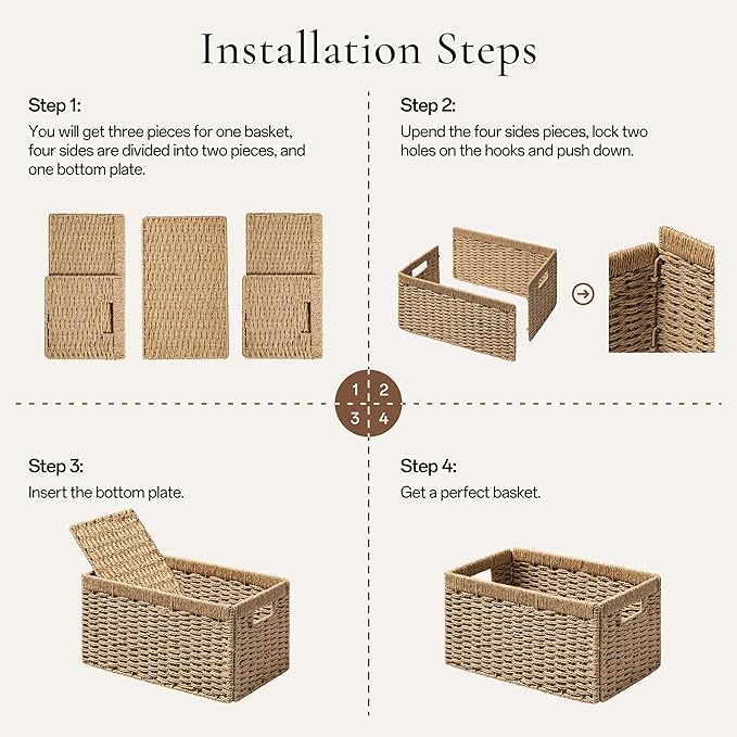 joybest Medium Wicker Baskets, Woven Paper Rope Storage Baskets for Organizing, Rectangular Storage Bins for Shelves with Handles for Pantry, 13.4L x 8.3W x 7.1H inch, 2-pack Natural