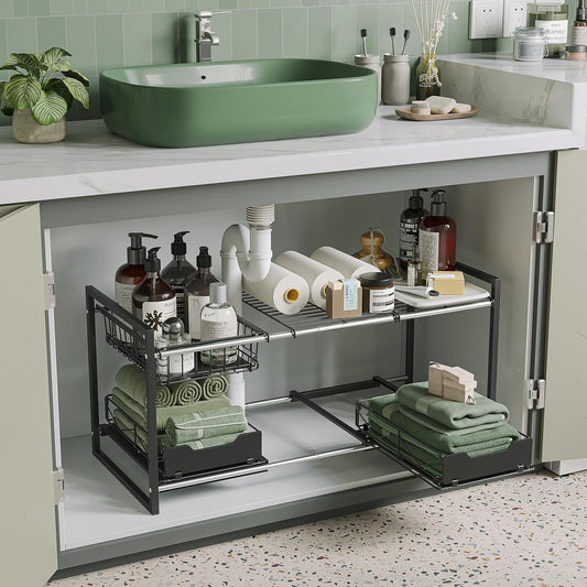 Under Sink Organizers and Storage,Kitchen Cabinet Organizer,2 Tier Under Sink Expandable Shelves，Bathroom Cabinet Organizer with Pull Out Drawers,(30.9-31.64)" W x 14.69" D x 15.83" H,Black
